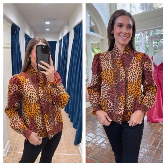 Love The Label Anthropologie Zuri Top Dotted Leopard Ruffle Button Shirt L - Picture 3 of 15